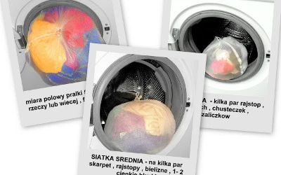 worki do prania - ZESTAW ŚREDNI : siatka MAŁA + siatka ŚREDNIA + 
siatka 3KG na tle standardowej pralki